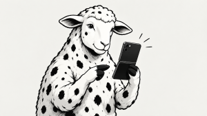 Mouton illustré regardant l'écran de son téléphone intelligent avec enthousiasme