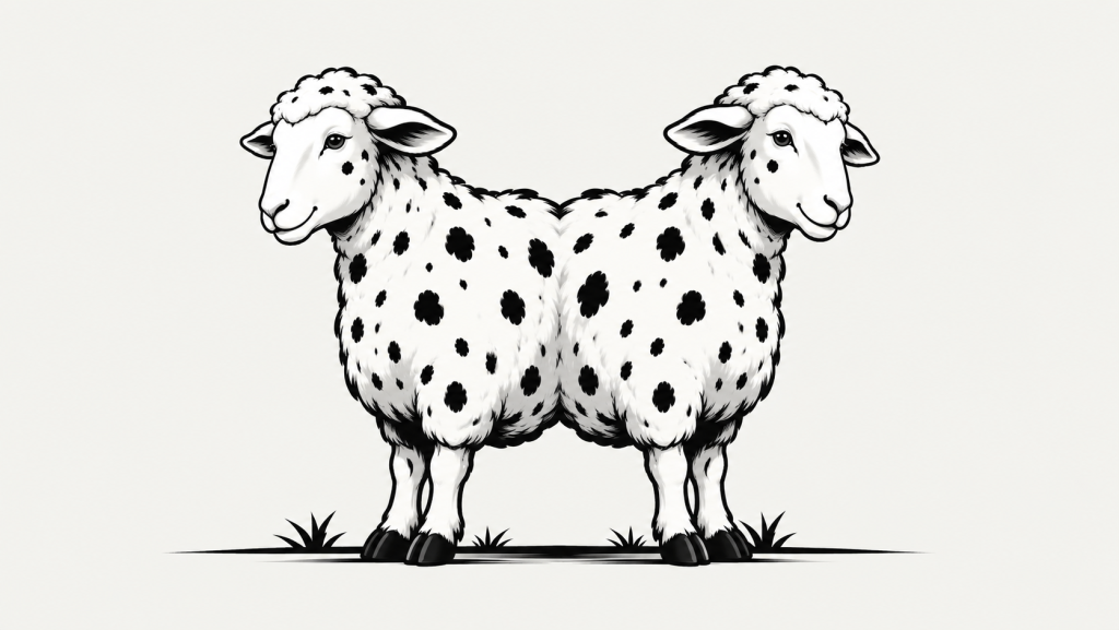 iPhone Duo prix Canada : deux moutons identiques dos à dos, symbolisant le choix entre dépenser et investir.